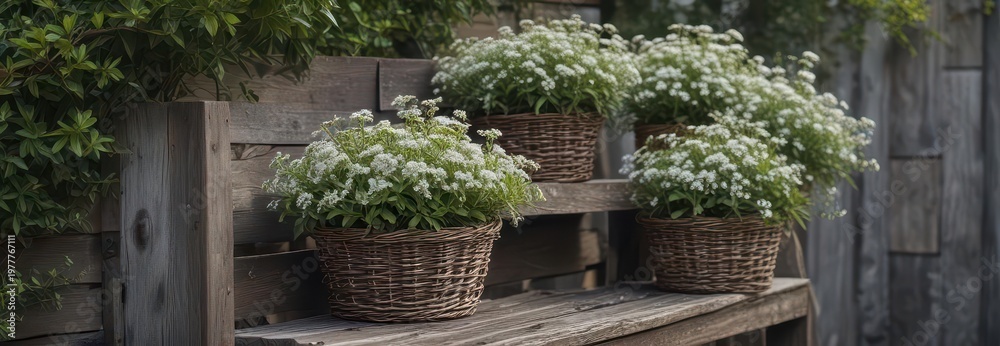 Fototapeta premium Lush gray spirea flowers in wicker baskets on rustic wooden ladder steps, interior , wicker