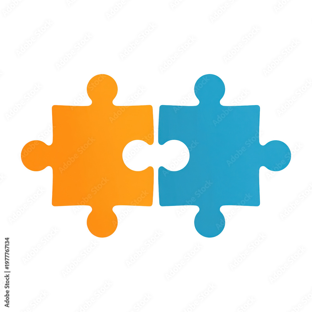 Fototapeta premium Two interlocking puzzle pieces, orange and cyan on black background, png isolated on, a transparent background