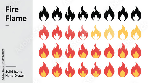 Diverse set of hand-drawn fire flame featuring solid and textured styles keywords: fire, flame, set, collection, symbol, heat