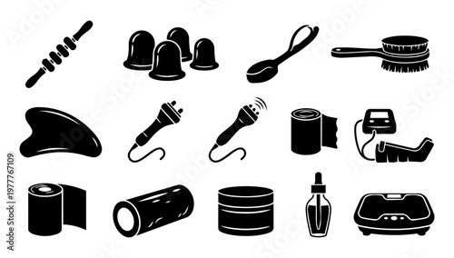 Cellulite Treatment Equipment Silhouettes Body Massage Tools Wellness Device Icons Set