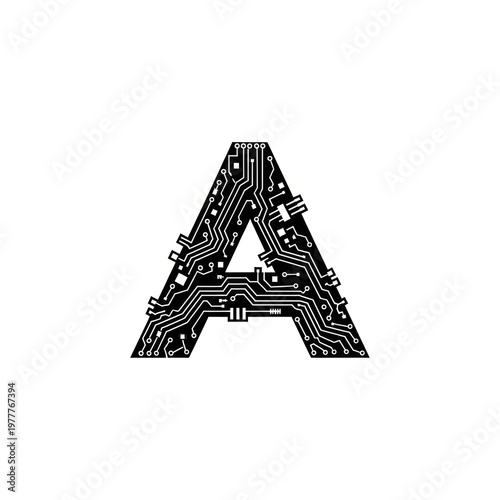 Black circuit board design, shaped as the letter 
