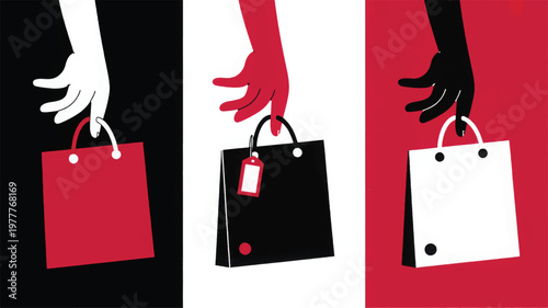 Stylized hands of different colors holding shopping bags with tags and dots on red and black backgrounds keywords: shopping