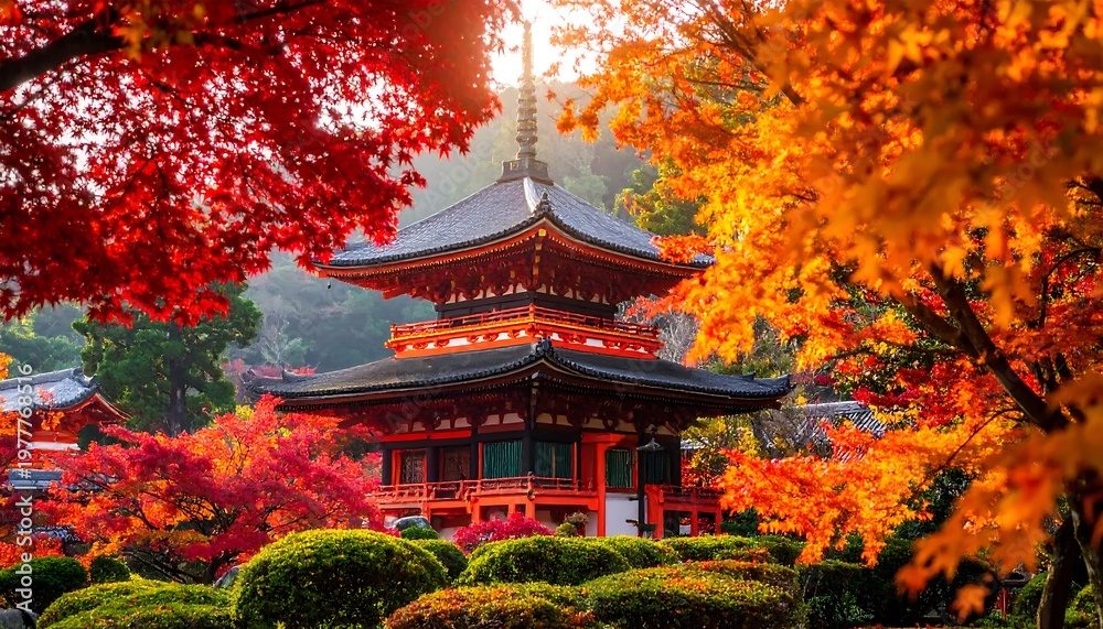 Fototapeta premium Japanese temple surrounded by autumn foliage.
