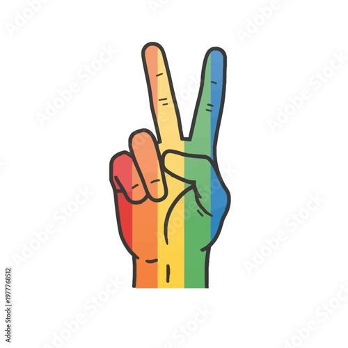 A vibrant rainbow-colored hand gesture signifies peace and inclusivity
