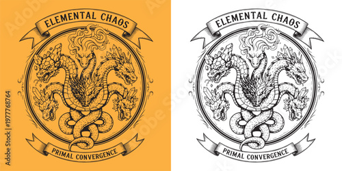 Elemental Chaos Hydra Dragon Convergence Circular Medallion with Five Elemental Heads