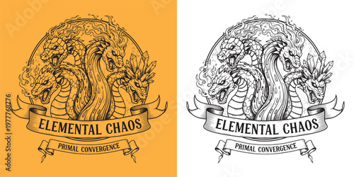 Four Headed Elemental Dragon Hydra with Fire and Crystal Spikes Vintage Woodcut Illustration