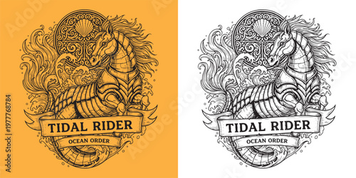 Majestic Tidal Rider Armored Sea Horse with Shell Ornament and Crashing Waves