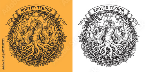Rooted Terror Forest Abyss Three Headed Serpent Dragon Entwined in Thorny Vines