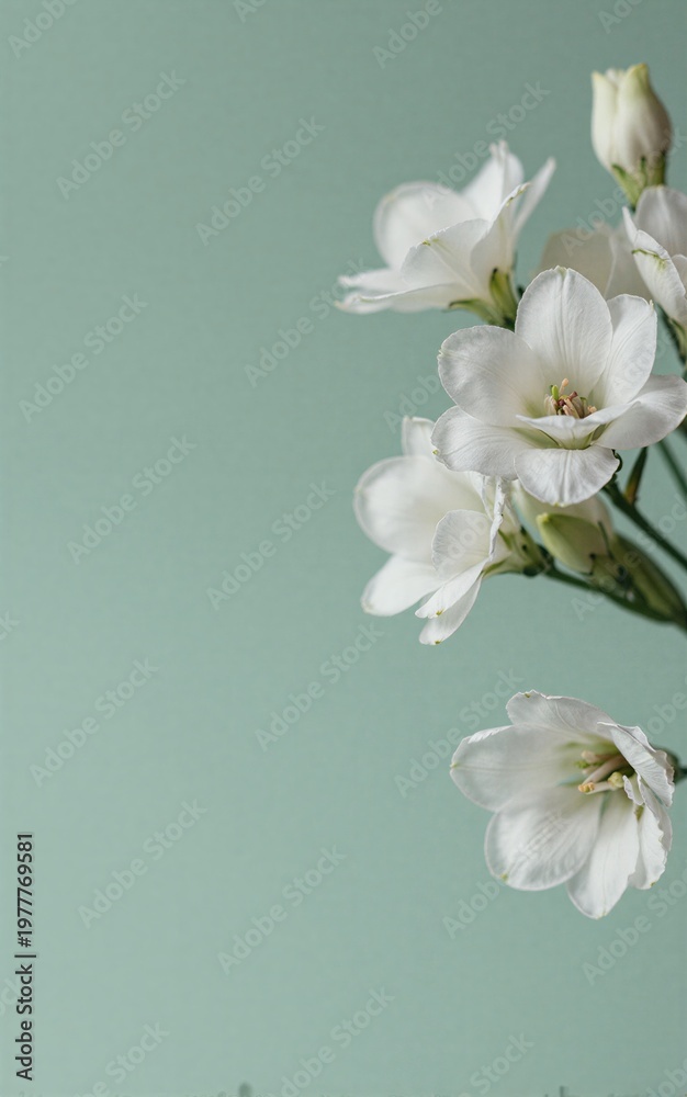 Fototapeta premium White flowers bloom softly against mint green backdrop elegant and