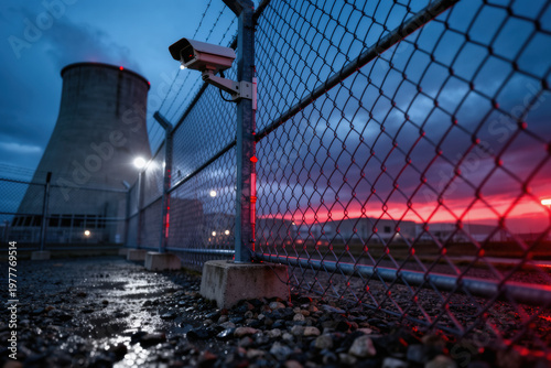 Security camera on chain-link fence near nuclear power plant at dusk with red horizon