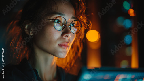 Concentrated Female Tech Expert Analyzing Big Data or Coding with Cinematic Bokeh Background