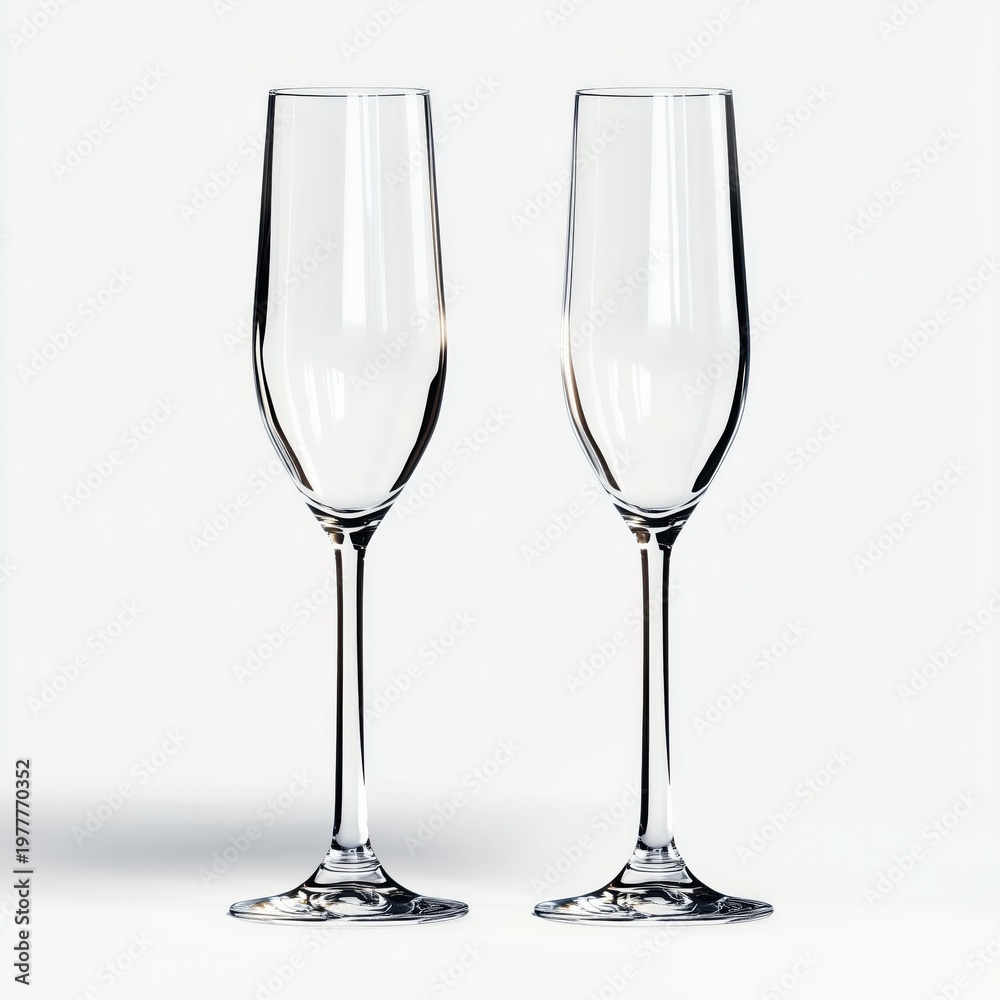 Fototapeta premium Two empty champagne flutes on white background, elegant glassware for celebrations and special occasions