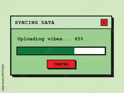 Vintage computer screen displaying data syncing and upload progress