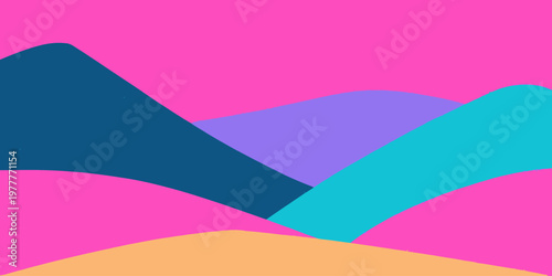 Paysage abstrait minimaliste avec des collines colorées et des formes ondulées sur un fond rose vif, idéal pour les designs graphiques modernes.