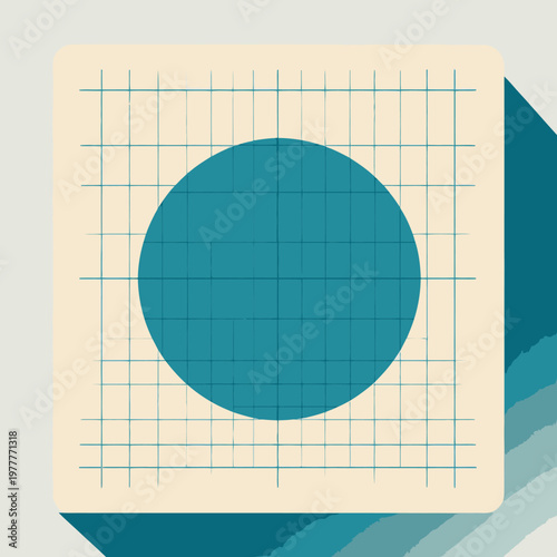Ícone vetorial plano de um círculo azul-petróleo perfeito centralizado em um quadrado com grade, ideal para design gráfico e interfaces digitais.