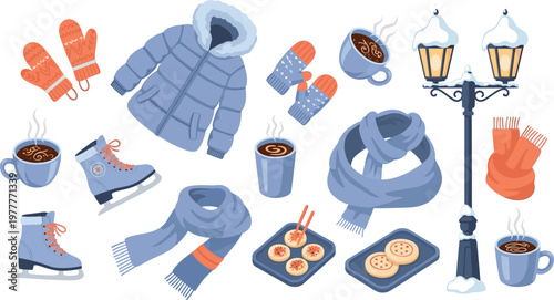 Set of Winter Clothing and Cozy Lifestyle Illustrations Featuring Jackets, Scarves, Gloves, Hot Drinks, and Seasonal Outdoor Elements