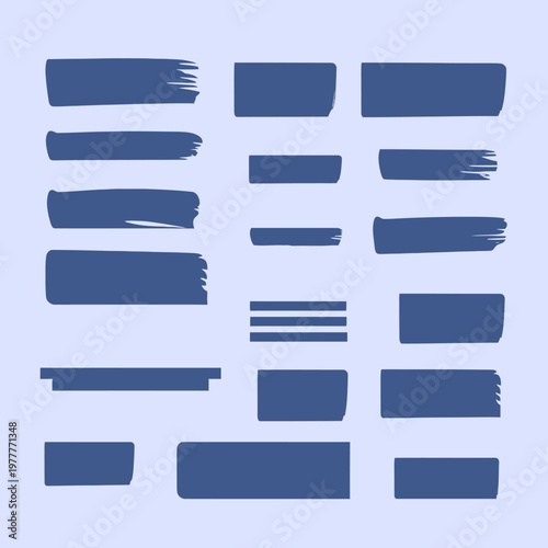 Coleção de traços de pincel azuis e caixas de texto com bordas irregulares para elementos gráficos de design plano e destaques.
