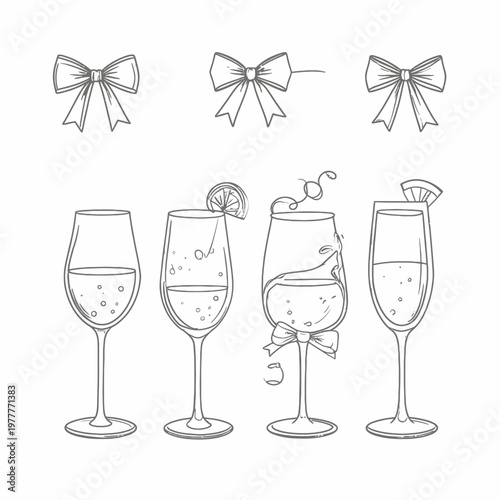 Ilustração vetorial de taças de champanhe e laços decorativos, perfeita para designs de celebração e eventos festivos.