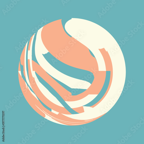 Composição circular abstrata com padrões fluidos em tons suaves de pêssego e creme, destacando-se sobre um fundo azul-petróleo minimalista.