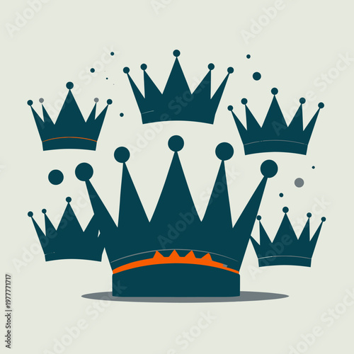Set von minimalistischen flachen Kronen-Illustrationen in Dunkelblau mit einer hervorgehobenen großen Krone als Symbol für Führung und Erfolg.