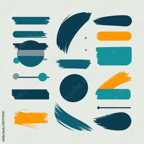 Abstrakte Pinselstriche und geometrische Formen in Petrol und Orange als vielseitige Designelemente für moderne Grafiken und kreative Layouts.