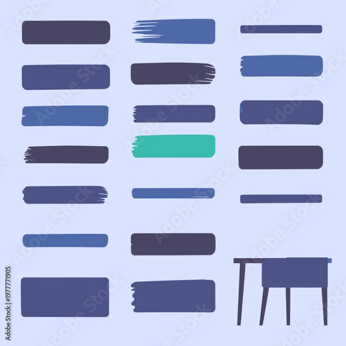 Conjunto de elementos gráficos vectoriales para diseño web y UI, incluyendo barras, botones y pinceladas abstractas en tonos azules y grises.