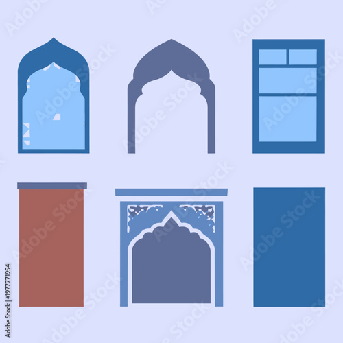 Conjunto de elementos arquitectónicos vectoriales que representan arcos y ventanas de estilo islámico e indio, ideales para diseño.