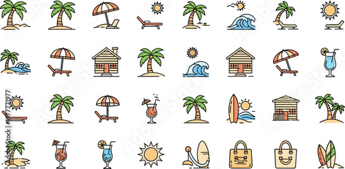 Summer beach vacation and tropical holiday color icons set with palm trees sun waves cocktails surfboard and seaside leisure concepts
