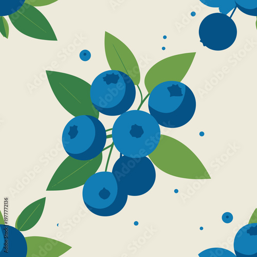 Patrón sin costuras de arándanos frescos con hojas verdes sobre fondo claro, ideal para diseño de alimentos y textiles.