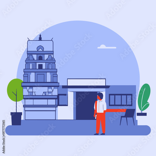 Ilustración vectorial de un hombre visitando un complejo cultural que integra un templo tradicional asiático con arquitectura moderna.