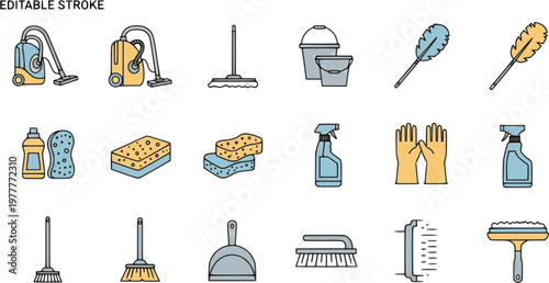 Black and white vector set of cleaning and household icons in silhouette style.