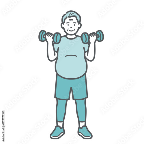 笑顔でダンベルトレーニングをするぽっちゃり体型のシニア男性のイラスト