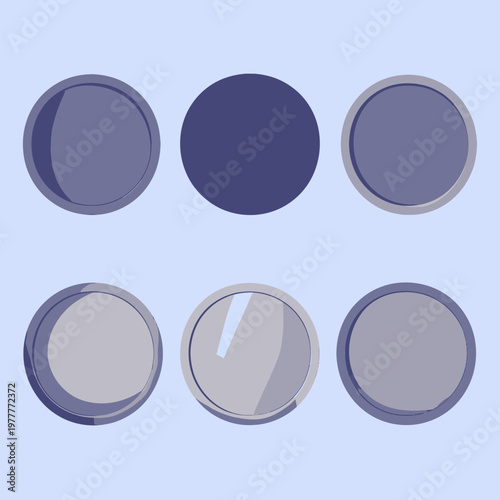 Sei cerchi astratti in diverse tonalità di blu e grigio, con effetti 3D e piatti, ideali per design grafico.