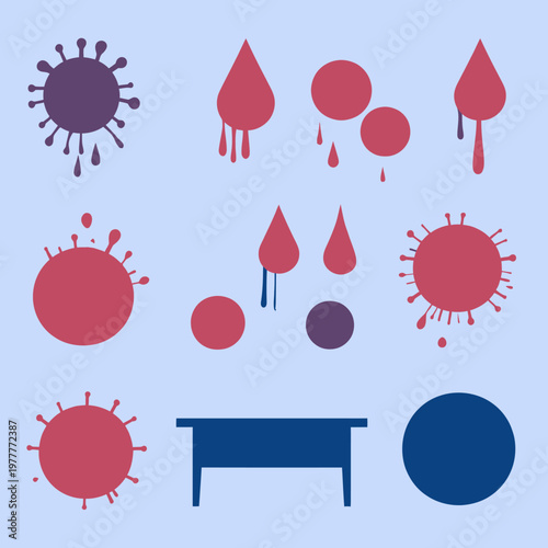 Illustrazione vettoriale di schizzi e gocce stilizzate che evocano virus, batteri e concetti di salute o malattia su uno sfondo celeste.