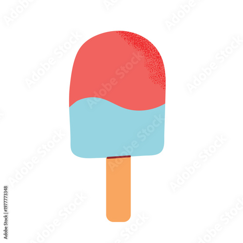 Red and blue popsicle ice cream with grunge texture. Hand-drawn vector illustration of sweet fruit ice on a wooden stick for summer cafe menu, kids party and frozen dessert design. Isolated on white b