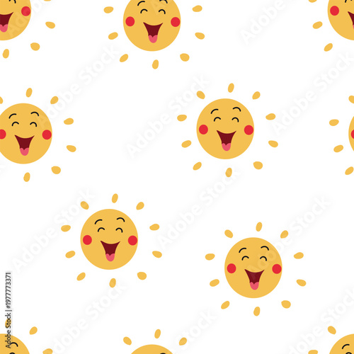 Cute sun seamless pattern with happy smiling faces in flat hand-drawn style. Vector background with yellow sun characters for kids nursery decor, baby shower wallpaper, summer fabric design and positi