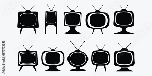 A collection of old television sets in silhouette mode against a plain background