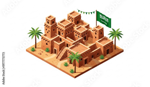 Isometric Al Diriyah ruins Riyadh Saudi Arabia vector illustration with cultural heritage and National Day theme