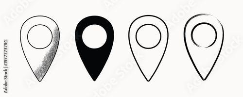 Map pin icons set in various graphic styles. Vector illustration of location pointers: minimalist line, solid black, grainy texture, and grunge brush stroke. Isolated elements for navigation, travel, 
