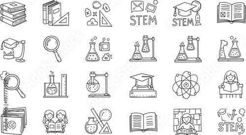 Set of STEM Education Icons Featuring Science, Technology, Engineering, Mathematics, Laboratory Tools, and Learning Concepts