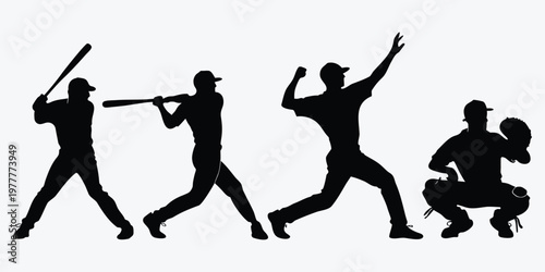 A group of baseball players in various poses in silhouette