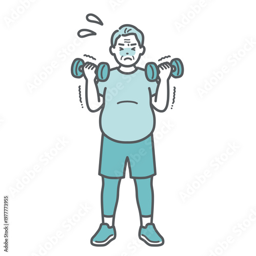 辛そうにダンベルトレーニングをするぽっちゃり体型のシニア男性のイラスト