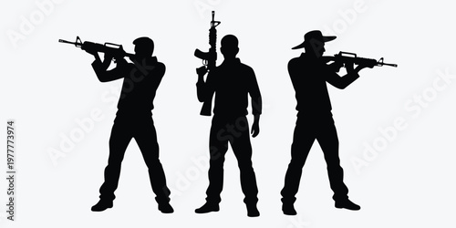 Three armed men in silhouette pose with guns against a plain background