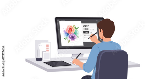 Graphic designer working on a floral illustration on a computer with a drawing tablet
