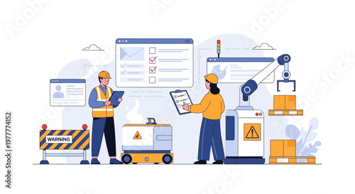 Industrial automation: workers and robot arm in factory with checklist and AGV