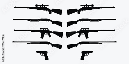 A collection of gun silhouettes arranged symmetrically on a plain background silhouette