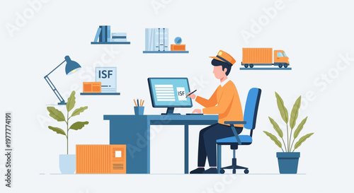 Logistics worker at desk with computer and delivery truck, shipping and delivery concept