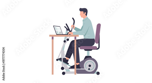 Man working on laptop while exercising on elliptical bike at desk, home office, fitness, productivity