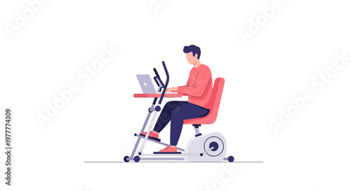 Man working on laptop while exercising on elliptical bike at home office desk