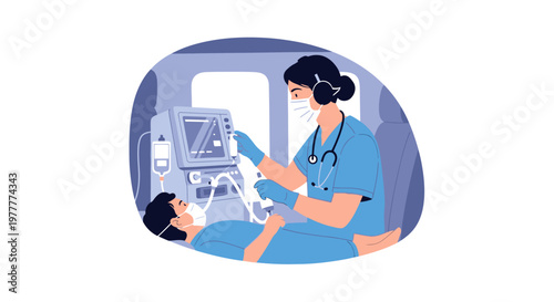 Nurse Adjusts Ventilator For Patient In Hospital Bed, Medical Care Concept